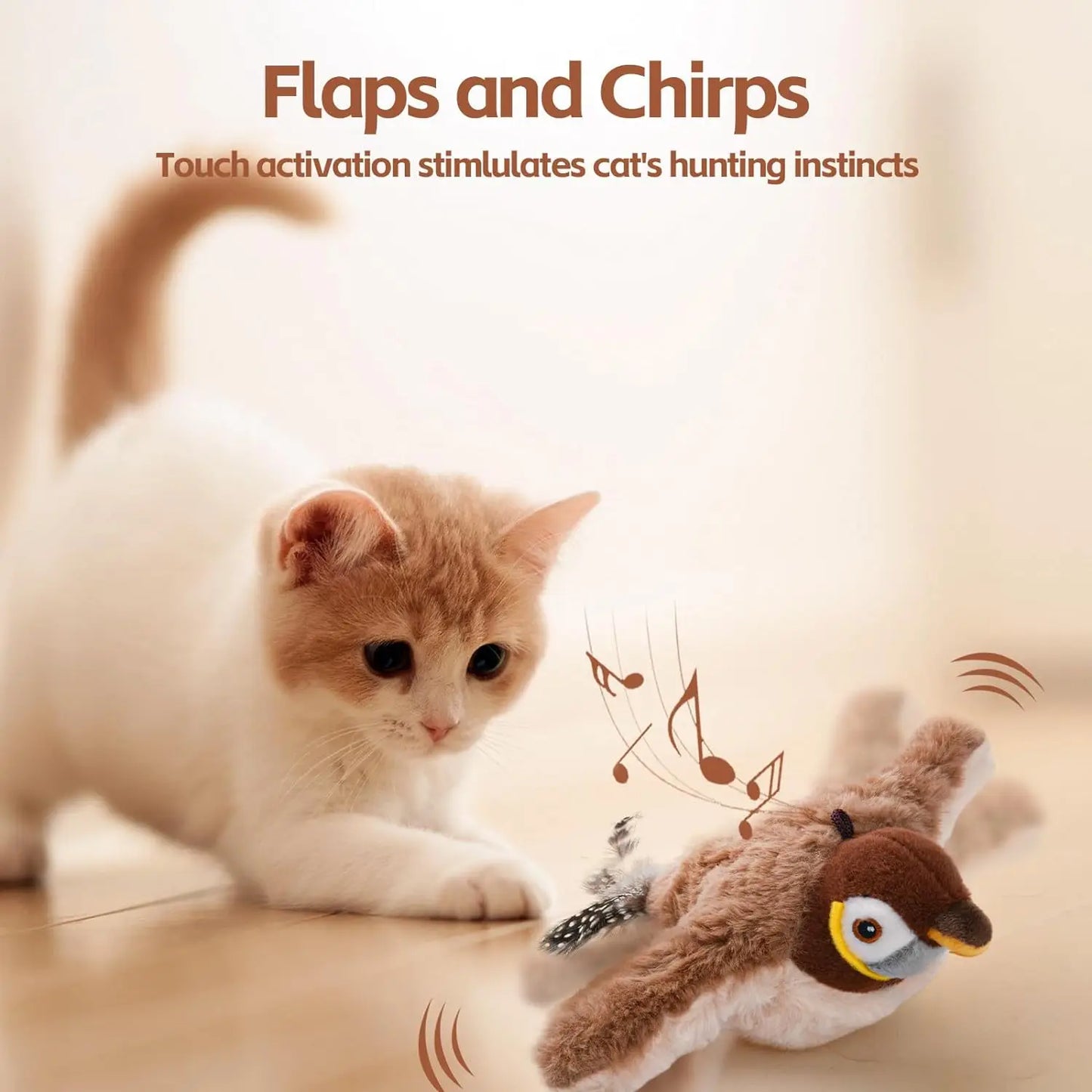 Interactive Cat Toys Rechargeable Chirping Flapping Bird(No Flying) with Catnip for Indoor Cats, Touch Activated Plush Toys