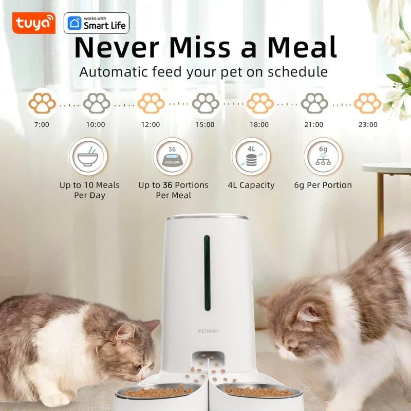 Wifi Automatic Cat Feeders for 2 Cats, 4L Cat Food Dispenser with APP Control, Double Stainless Steel Bowls, Low Food Alarms